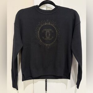 CHANEL Uniform Black Cotton Sweater W Gold Metallic CC Logo Size S designer NEW